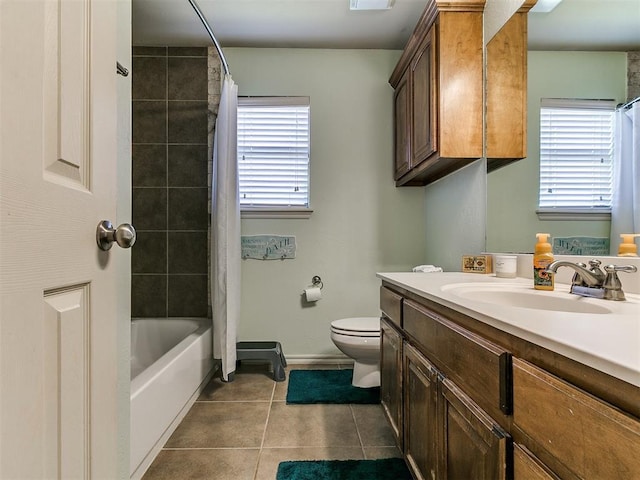 3515 Homesteaders Ln, Guthrie, OK 73044 - full bathroom with tile patterned floors, vanity, toilet, baseboards, and shower / bath combination with curtain
