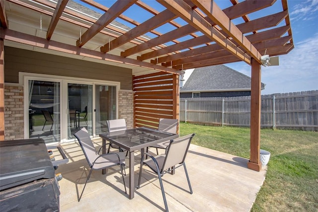 view of patio with a pergola, a fenced backyard, and outdoor dining space