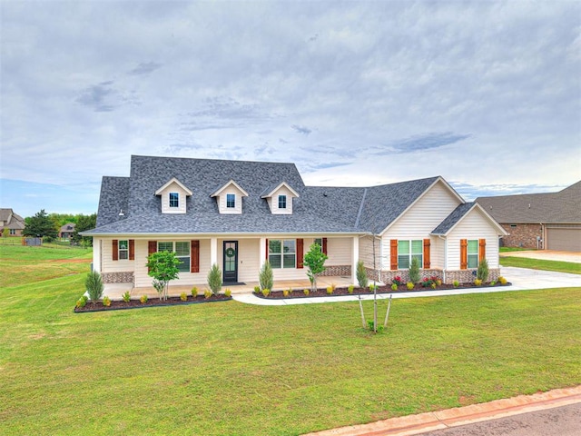 cape cod-style house featuring covered porch, a shingled roof, and a front yard