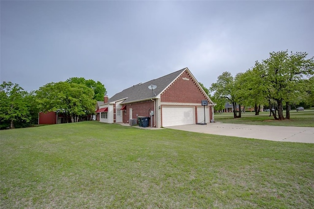 2400 Whiteoak Dr, Blanchard, OK 73010 - view of side of property with driveway, a chimney, brick siding, an attached garage, and a lawn