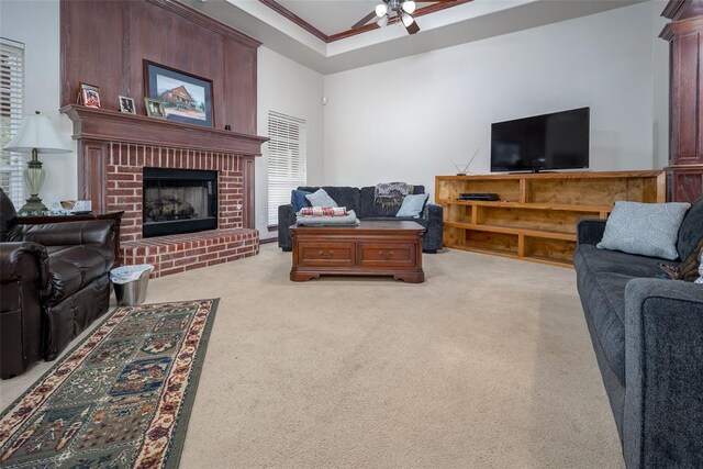 2400 Whiteoak Dr, Blanchard, OK 73010 - living room featuring light colored carpet, ceiling fan, and a brick fireplace