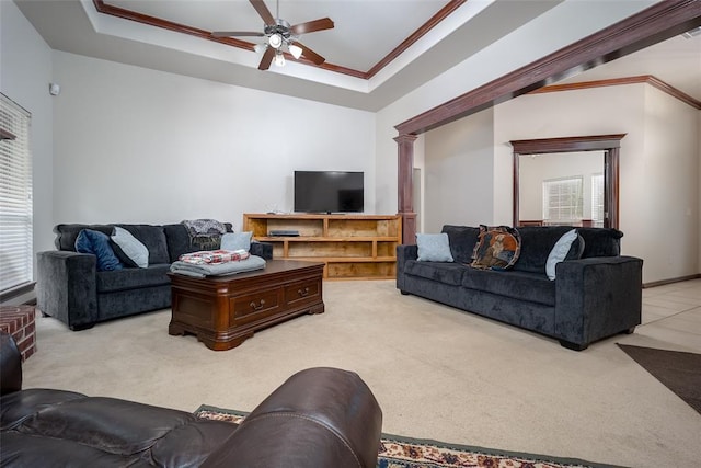 2400 Whiteoak Dr, Blanchard, OK 73010 - carpeted living area featuring a ceiling fan, crown molding, and a tray ceiling