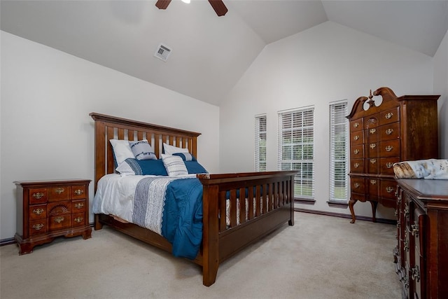 2400 Whiteoak Dr, Blanchard, OK 73010 - bedroom with ceiling fan, vaulted ceiling, carpet flooring, and visible vents