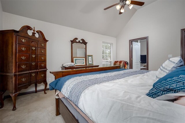 2400 Whiteoak Dr, Blanchard, OK 73010 - bedroom with a ceiling fan, high vaulted ceiling, and light carpet