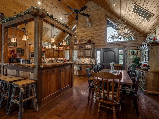 2010 Shady Cv, Sulphur, OK 73086 - dining area featuring wooden ceiling, wood walls, high vaulted ceiling, and dark wood finished floors