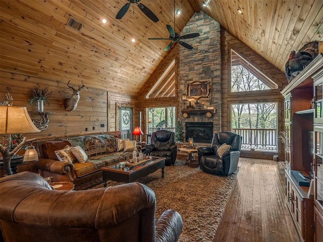 2010 Shady Cv, Sulphur, OK 73086 - living area featuring a stone fireplace, a ceiling fan, wood-type flooring, wood ceiling, and high vaulted ceiling