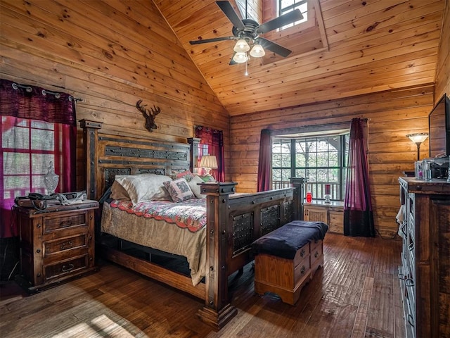 2010 Shady Cv, Sulphur, OK 73086 - bedroom featuring hardwood / wood-style floors, wooden walls, ceiling fan, wooden ceiling, and lofted ceiling