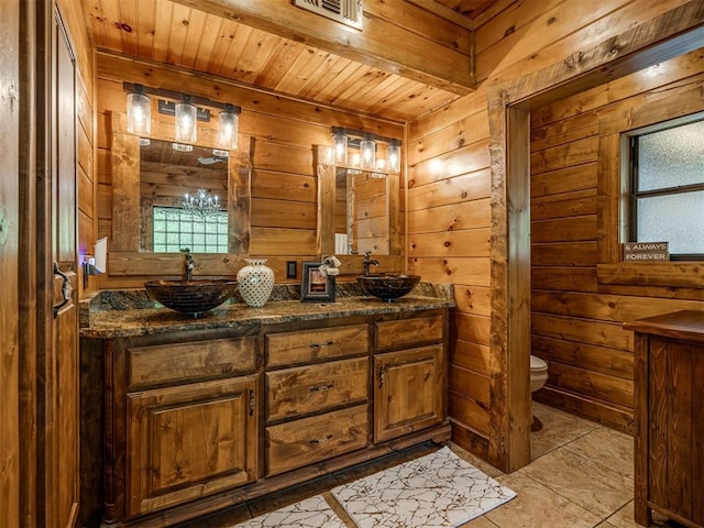 2010 Shady Cv, Sulphur, OK 73086 - full bathroom featuring wood ceiling, wood walls, toilet, and a sink