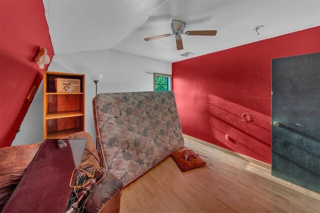 319 S Main St, Pocasset, OK 73079 - sitting room with ceiling fan, vaulted ceiling, wood finished floors, and visible vents