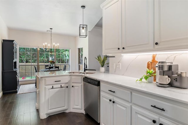 2201 Pine View Ter, Edmond, OK 73003 - kitchen with dishwasher, a sink, a peninsula, tasteful backsplash, and white cabinetry