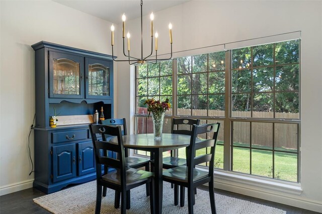 2201 Pine View Ter, Edmond, OK 73003 - dining area featuring a chandelier, baseboards, plenty of natural light, and dark wood finished floors