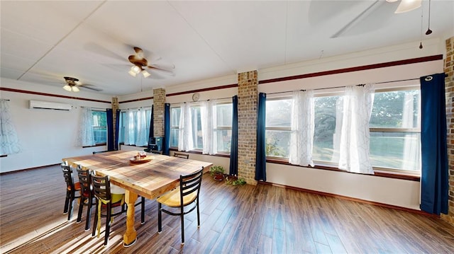 130 Quail Dr, Healdton, OK 73438 - dining room featuring plenty of natural light, wood finished floors, a wall unit AC, and ceiling fan