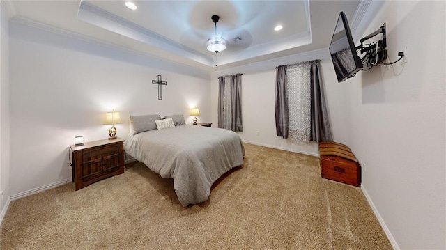 130 Quail Dr, Healdton, OK 73438 - carpeted bedroom with baseboards, recessed lighting, a raised ceiling, and ornamental molding