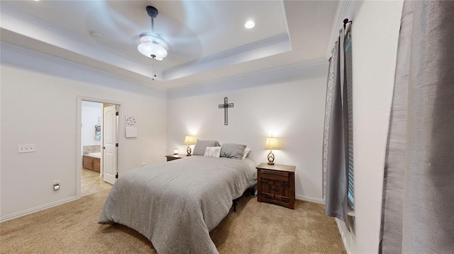 130 Quail Dr, Healdton, OK 73438 - bedroom with carpet floors, baseboards, ensuite bath, ornamental molding, and a raised ceiling