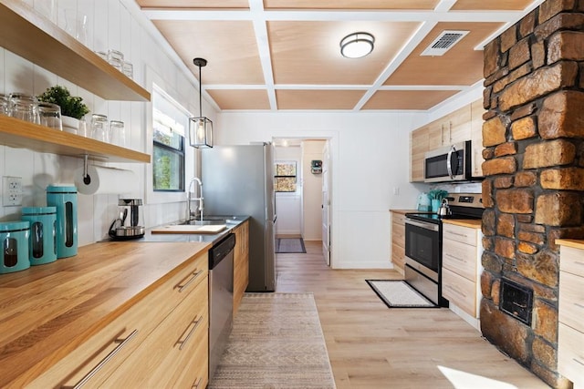 30953 State Hwy Unit 144, Smithville, OK 74957 - kitchen featuring coffered ceiling, butcher block countertops, appliances with stainless steel finishes, a sink, and visible vents