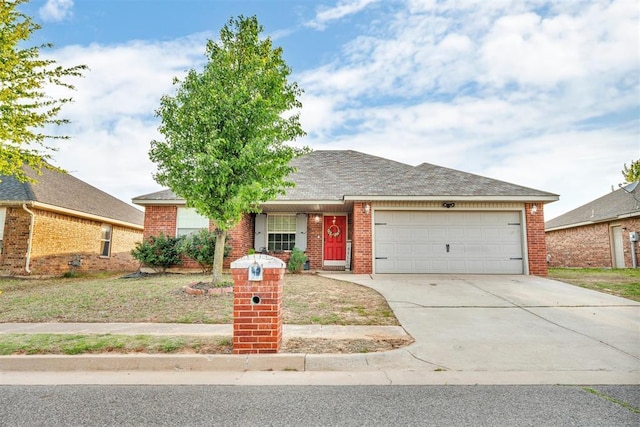 7909 Chumley Ln, Oklahoma City, OK 73135 - ranch-style house with brick siding, driveway, roof with shingles, and a garage
