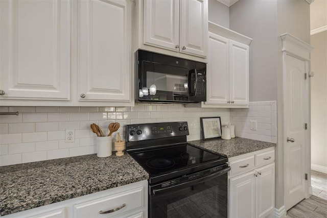 15924 Sky Run Dr, Edmond, OK 73013 - kitchen with tasteful backsplash, baseboards, black appliances, dark stone counters, and white cabinetry