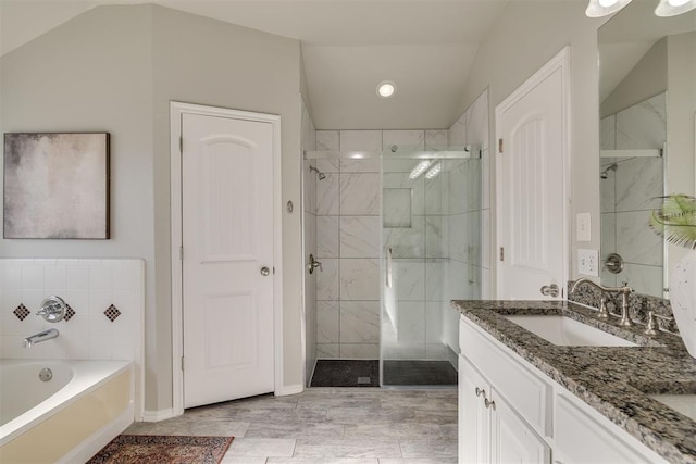 15924 Sky Run Dr, Edmond, OK 73013 - full bathroom featuring a shower stall, a bath, and vanity