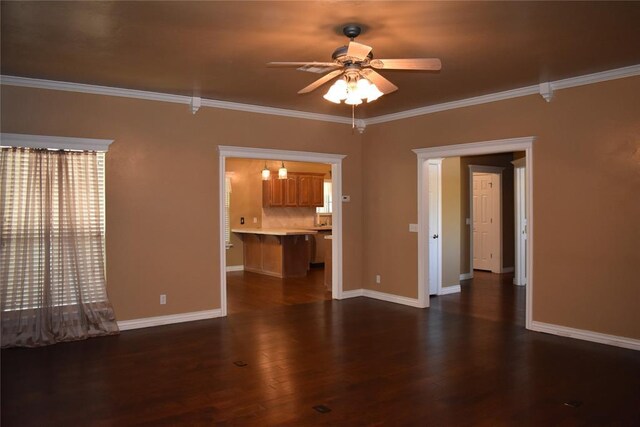 2297 Barrington Dr, Blanchard, OK 73010 - unfurnished living room featuring dark wood finished floors, ceiling fan, baseboards, and ornamental molding