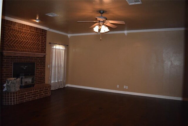 2297 Barrington Dr, Blanchard, OK 73010 - unfurnished living room with visible vents, baseboards, wood finished floors, ceiling fan, and crown molding
