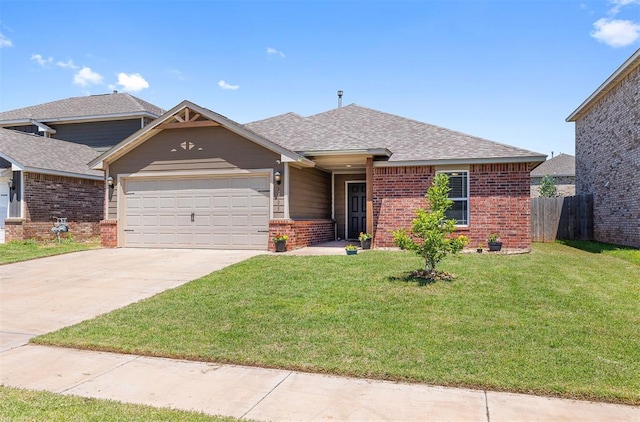1105 NW 3rd St, Newcastle, OK 73065 - view of front of home featuring an attached garage, fence, a front lawn, brick siding, and driveway
