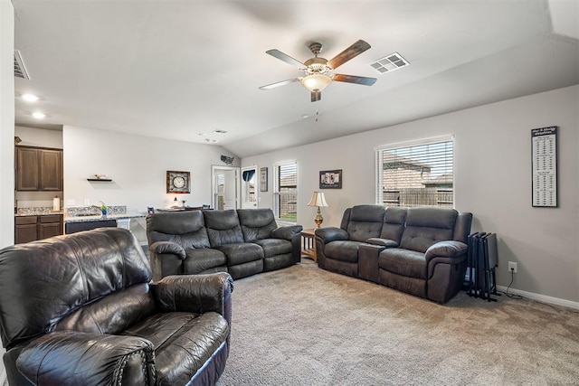 1105 NW 3rd St, Newcastle, OK 73065 - living area featuring a healthy amount of sunlight, visible vents, ceiling fan, and light carpet