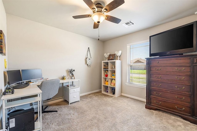 1105 NW 3rd St, Newcastle, OK 73065 - office area with visible vents, baseboards, ceiling fan, and light carpet