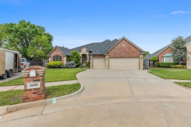 4608 Greystone Ct, Norman, OK 73072 - view of front of property with a shingled roof, an attached garage, driveway, brick siding, and a front yard
