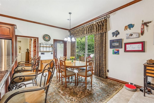 4608 Greystone Ct, Norman, OK 73072 - dining area featuring a chandelier, tile patterned flooring, crown molding, and baseboards