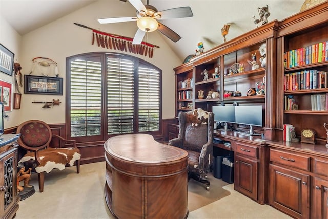 4608 Greystone Ct, Norman, OK 73072 - office space featuring ceiling fan, light carpet, lofted ceiling, and a wainscoted wall