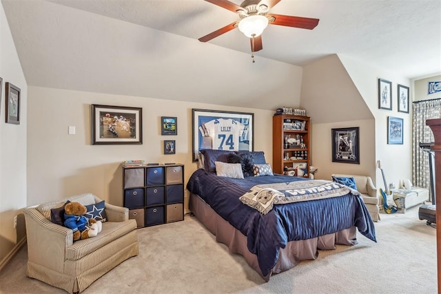 4608 Greystone Ct, Norman, OK 73072 - carpeted bedroom with vaulted ceiling and ceiling fan