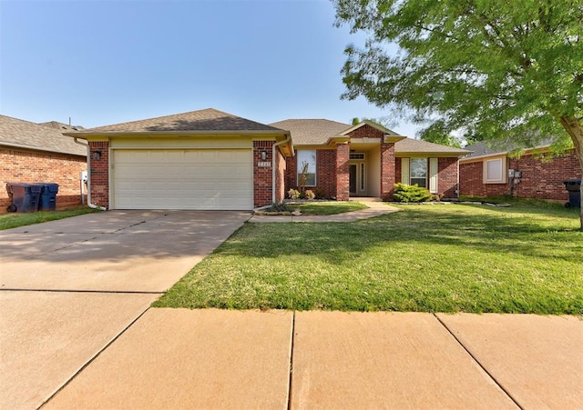 ranch-style house featuring concrete driveway, brick siding, a front yard, and a garage