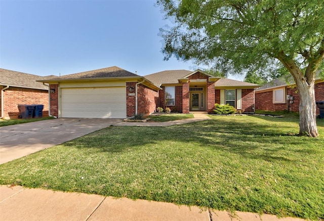 ranch-style home featuring brick siding, an attached garage, a front lawn, and concrete driveway