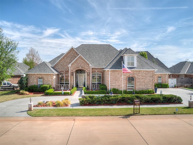 8016 NW 124th St, Oklahoma City, OK 73142 - view of front of property with brick siding, curved driveway, and a shingled roof