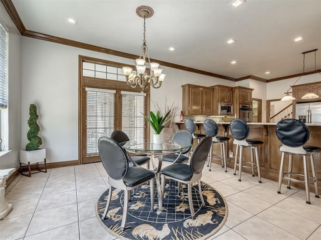 8016 NW 124th St, Oklahoma City, OK 73142 - dining area with a chandelier, light tile patterned floors, ornamental molding, baseboards, and recessed lighting
