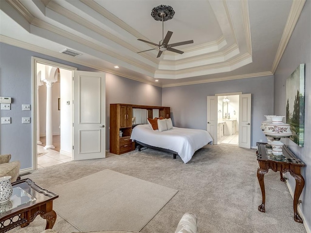 8016 NW 124th St, Oklahoma City, OK 73142 - bedroom with ornate columns, light carpet, a raised ceiling, crown molding, and connected bathroom