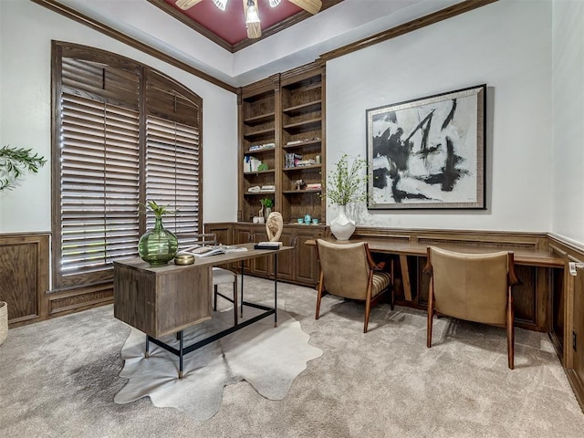 8016 NW 124th St, Oklahoma City, OK 73142 - home office with light colored carpet, wainscoting, and ornamental molding