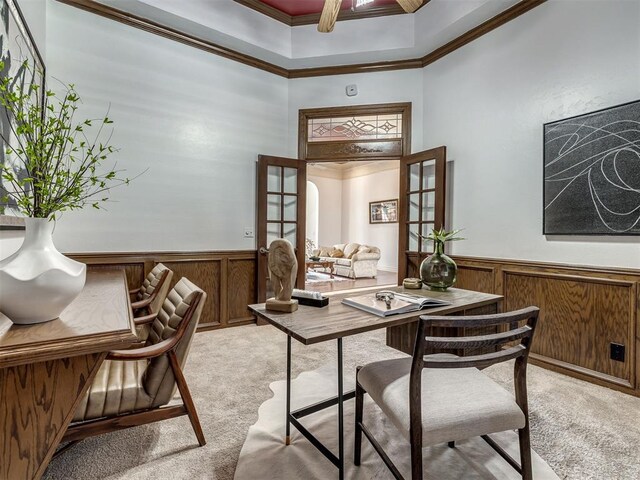 8016 NW 124th St, Oklahoma City, OK 73142 - office area featuring light carpet, wainscoting, crown molding, wooden walls, and a towering ceiling