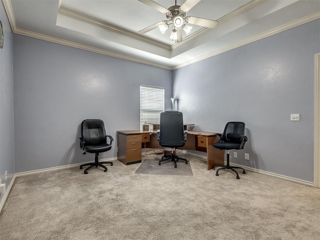 8016 NW 124th St, Oklahoma City, OK 73142 - office area featuring a tray ceiling, ceiling fan, crown molding, carpet, and baseboards