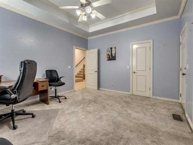 8016 NW 124th St, Oklahoma City, OK 73142 - home office with a raised ceiling, carpet flooring, crown molding, ceiling fan, and baseboards