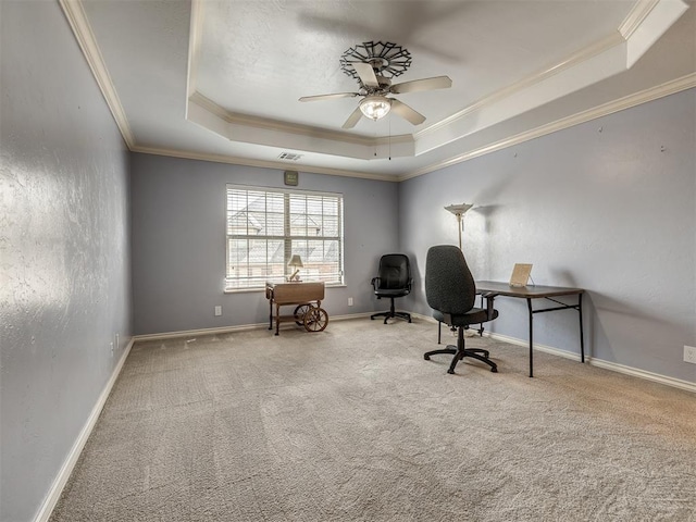 8016 NW 124th St, Oklahoma City, OK 73142 - carpeted office with a tray ceiling, a ceiling fan, ornamental molding, and baseboards