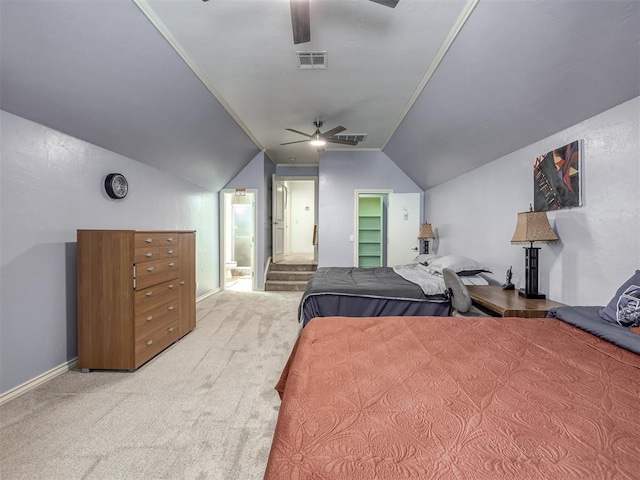 8016 NW 124th St, Oklahoma City, OK 73142 - bedroom with vaulted ceiling, light carpet, ensuite bathroom, ceiling fan, and baseboards