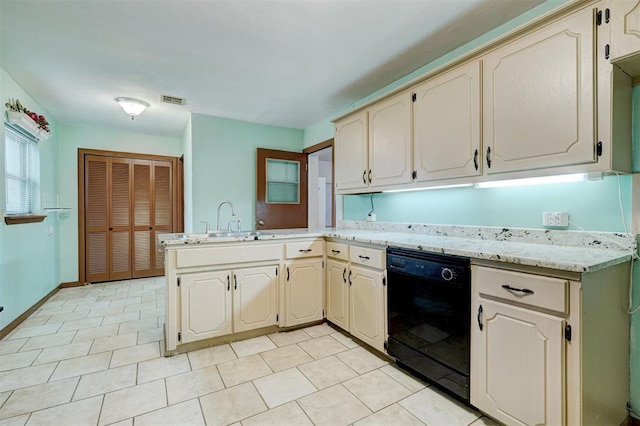 6205 S Choctaw Rd, Choctaw, OK 73020 - kitchen featuring a peninsula, a sink, visible vents, dishwasher, and light tile patterned floors