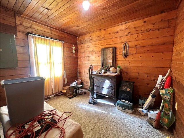 interior space featuring wooden ceiling, carpet floors, electric panel, and wooden walls