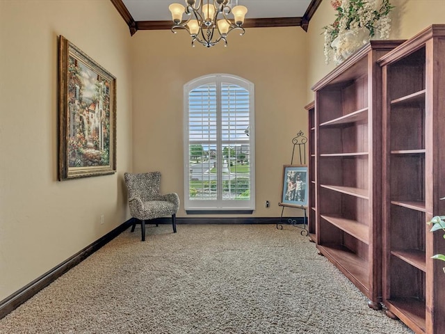 13401 Grapevine Trl, Oklahoma City, OK 73170 - sitting room with a chandelier, ornamental molding, carpet flooring, and baseboards