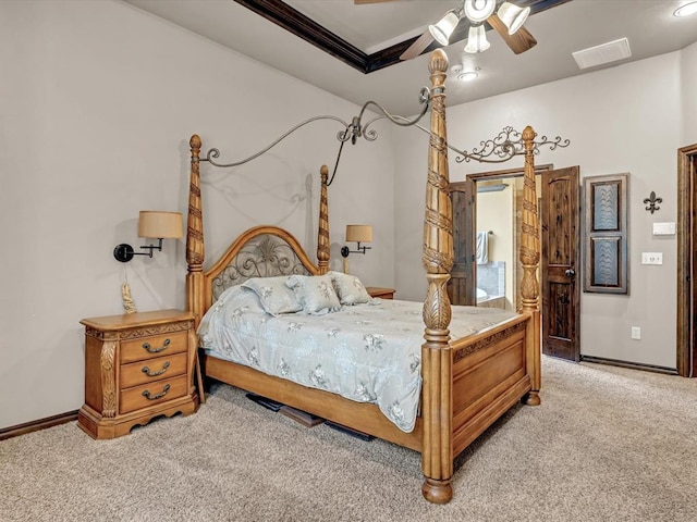 13401 Grapevine Trl, Oklahoma City, OK 73170 - bedroom featuring carpet flooring, baseboards, crown molding, and ceiling fan