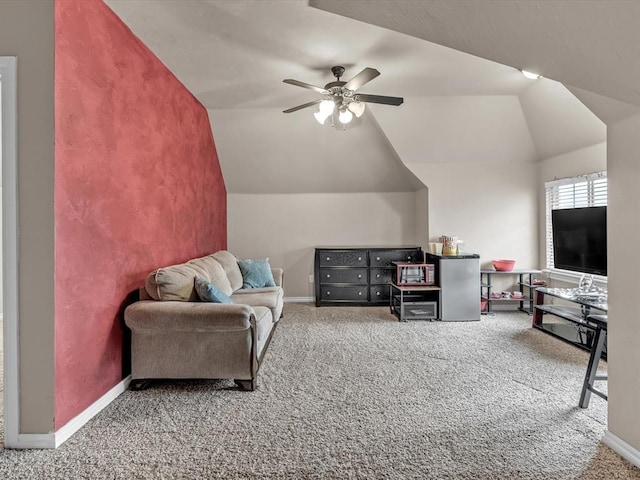 13401 Grapevine Trl, Oklahoma City, OK 73170 - carpeted living area featuring baseboards, a ceiling fan, and vaulted ceiling