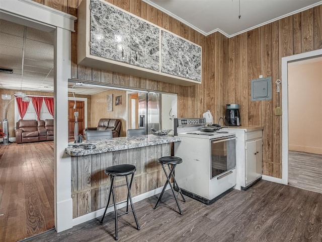 kitchen with wooden walls, dark wood-type flooring, and electric stove