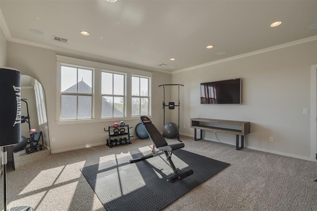 workout room with visible vents, recessed lighting, and carpet floors
