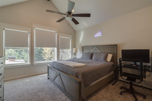 bedroom with carpet flooring, a ceiling fan, high vaulted ceiling, and baseboards